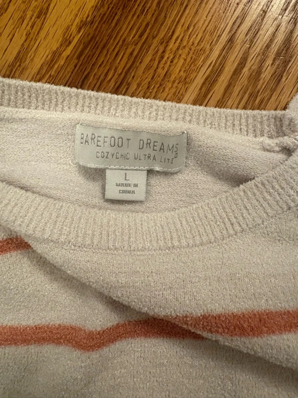 Barefoot Dreams CozyChic Ultra Lite Steiped Pullover Top L Cream and Coral
